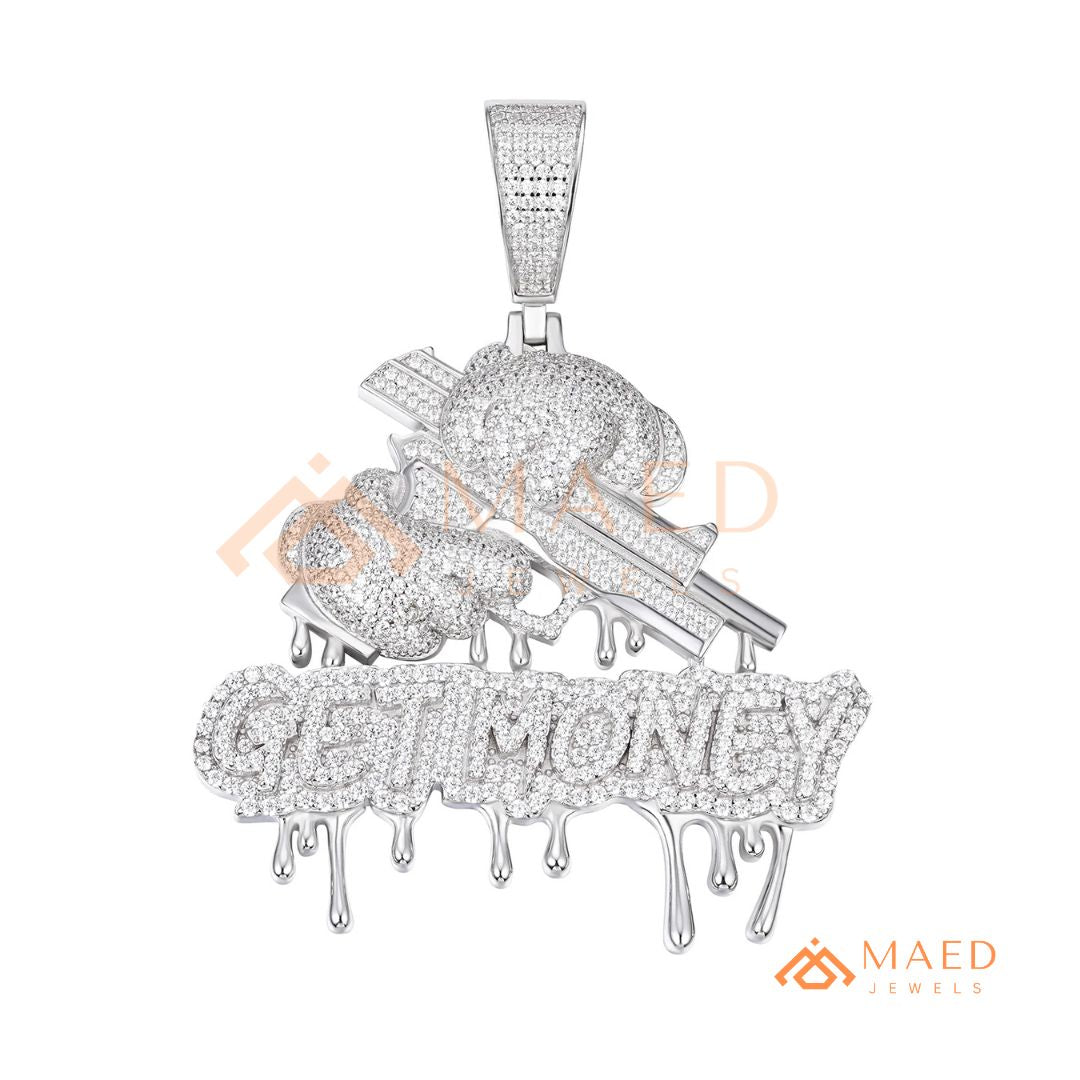 Iced Out "GET MONEY" Drip Pendant – 14K Gold, Rose Gold & Sterling Silver Hip Hop Charm