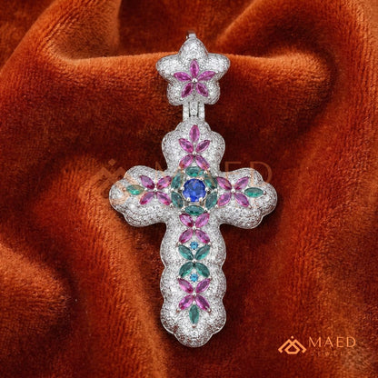 Iced Out Baroque Cross Statement Pendant with Pink & Green Stones