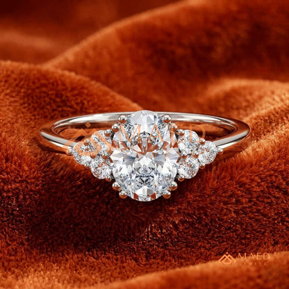 Oval Cut Engagement Ring with Round Cluster Side Stones | 14k Gold, Rose Gold & Silver