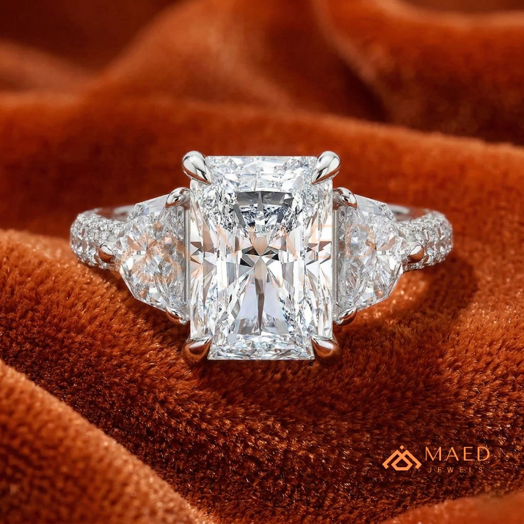 Classic Radiant Cut Three-Stone Engagement Ring with Half-Moon Side Stones in Silver, 14K Gold & Rose Gold