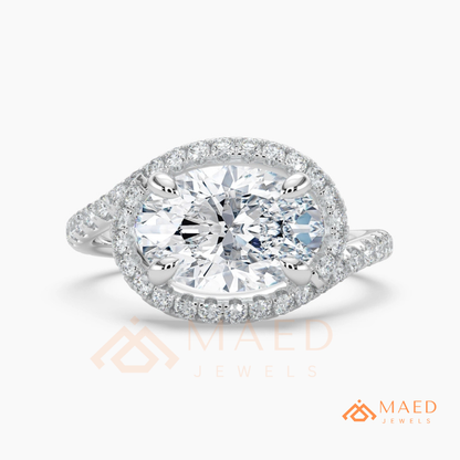 East-West Oval Cut Halo Engagement Ring | Bypass Pavé Band in 14K Gold, Rose Gold & Sterling Silver