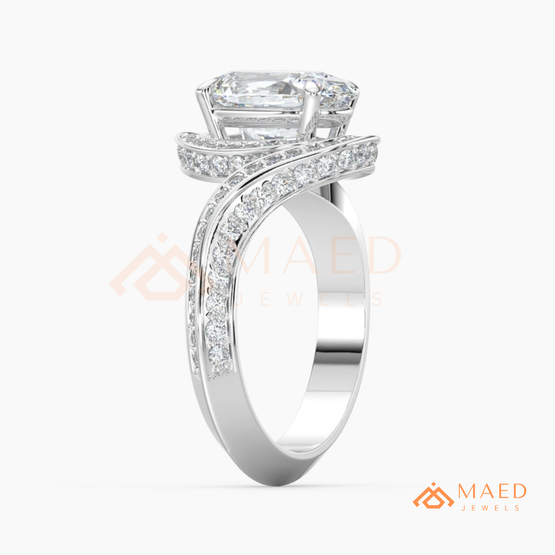 Oval Cut Bypass Halo Engagement Ring | Swirl Pavé Band in 14k Gold, Rose Gold & Silver