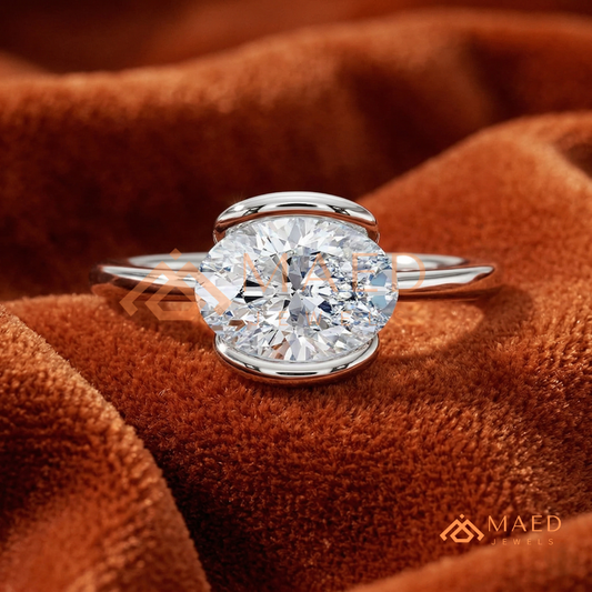 Horizontal Oval Half-Bezel Minimalist Engagement Ring in Silver, 14K Yellow Gold, or Rose Gold