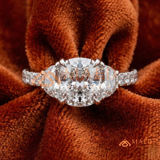 Classic Cushion Cut Three-Stone Engagement Ring with Half-Moon Side Stones in Silver, 14K Gold & Rose Gold