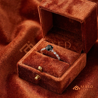 Art Deco Black Stone Ring with Milgrain Marquise Band – Silver, 14K Yellow & Rose Gold