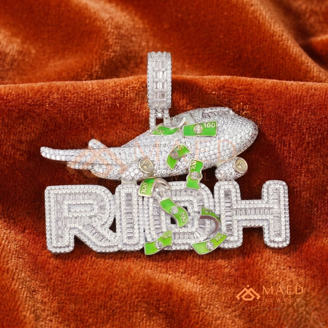"RICH" Jet & Money Statement Pendant – Iced Out Luxury Medallion
