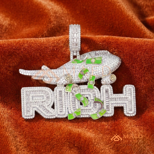 "RICH" Jet & Money Statement Pendant – Iced Out Luxury Medallion