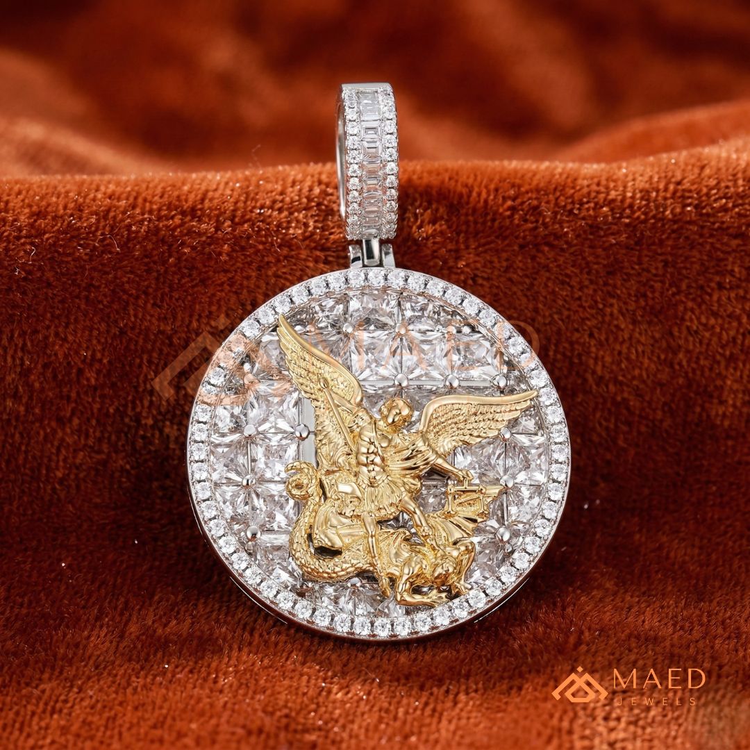 Saint Michael Medallion Pendant – Trillion Cut & Baguette Hip Hop Necklace