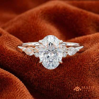 Oval Cut Engagement Ring with Pear and Round Cluster Band in Silver, 14K Gold, & 14K Rose Gold