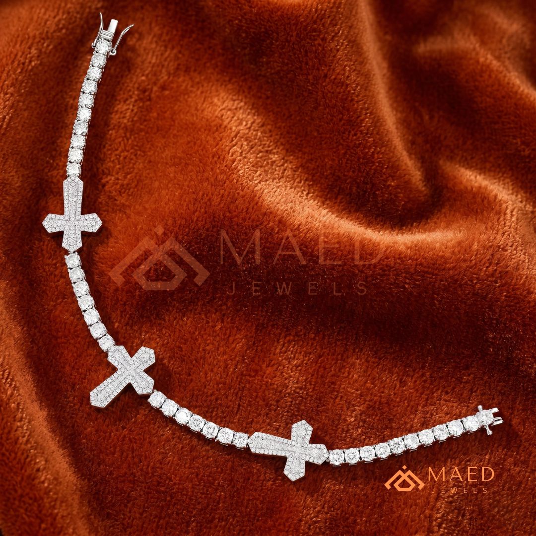 Multi-Cross Iced Tennis Bracelet – Sterling Silver, Gold & Rose Gold
