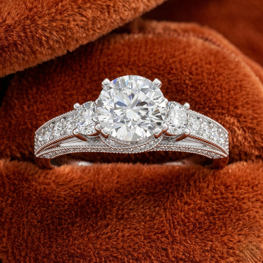 Round-Cut Three-Stone Engagement Ring with Milgrain Channel-Set Band