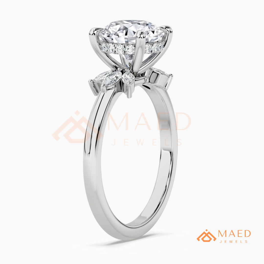 Round Brilliant Cut Ring with Marquise Floral Cluster | 14k Gold, Rose Gold & Silver