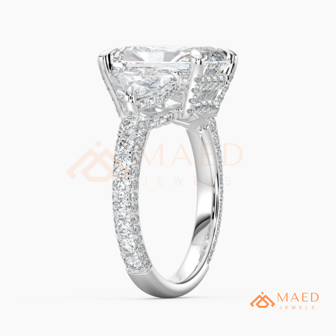 Classic Radiant Cut Three-Stone Engagement Ring with Half-Moon Side Stones in Silver, 14K Gold & Rose Gold
