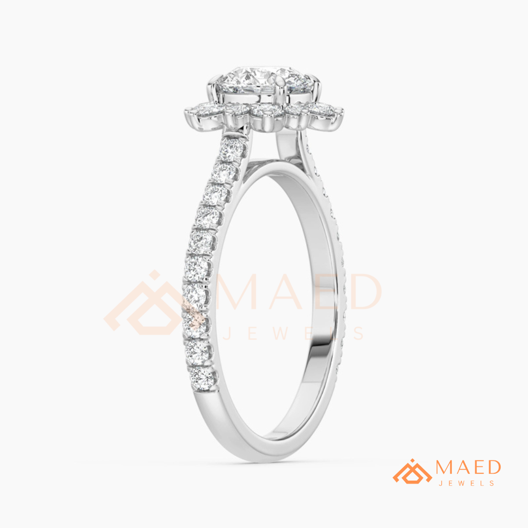 Vintage Starburst Halo Round Cut Engagement Ring with Pave Band in Silver, 14K Gold & Rose Gold