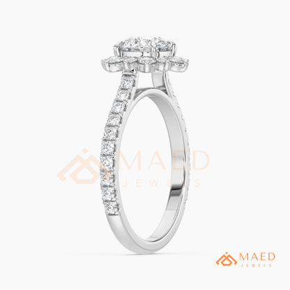 Vintage Starburst Halo Round Cut Engagement Ring with Pave Band in Silver, 14K Gold & Rose Gold