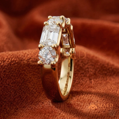 5-Stone Mixed Cut Diamond Wedding Band | Emerald & Round Moissanite Anniversary Ring in Silver, 14K Gold, & Rose Gold