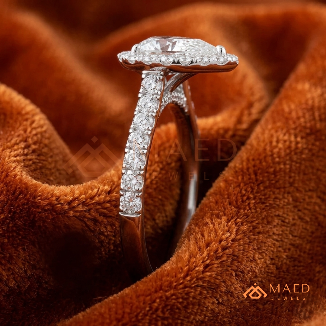 Pear Cut Halo Engagement Ring with Pave Band