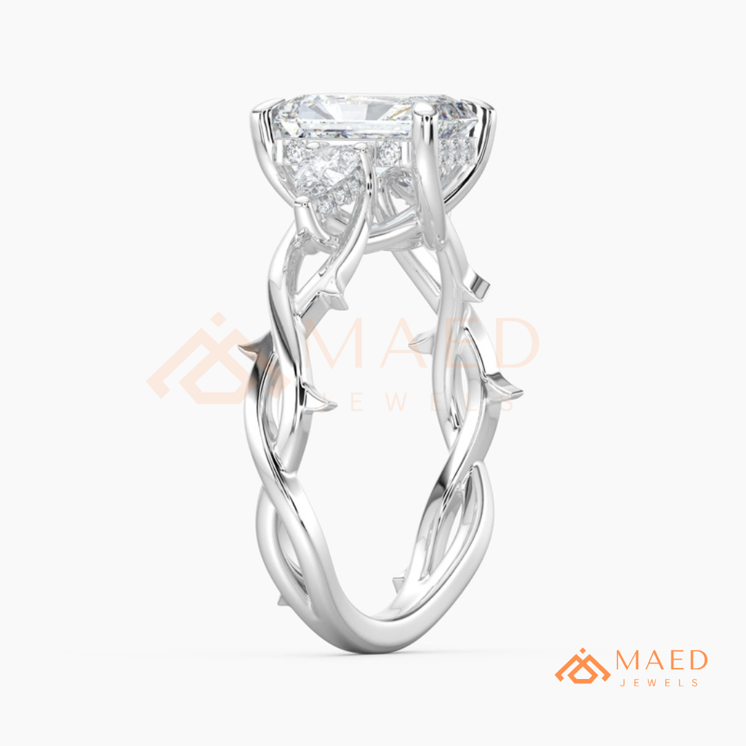 Nature-Inspired Radiant Cut Three-Stone Engagement Ring in Silver, 14k Gold, Rose Gold & Rose Gold