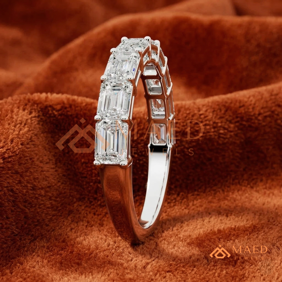 7-Stone Emerald Cut Diamond Wedding Band in Silver, 14K Yellow & Rose Gold