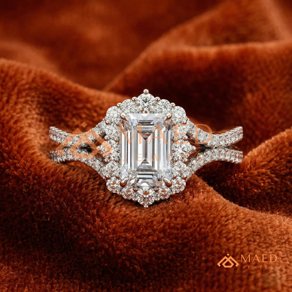 Emerald Cut Starburst Halo Engagement Ring | Split Shank Band in 14k Gold, Rose Gold & Silver