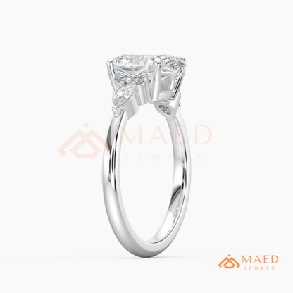 Oval Cut Engagement Ring with Pear and Round Cluster Band in Silver, 14K Gold, & 14K Rose Gold