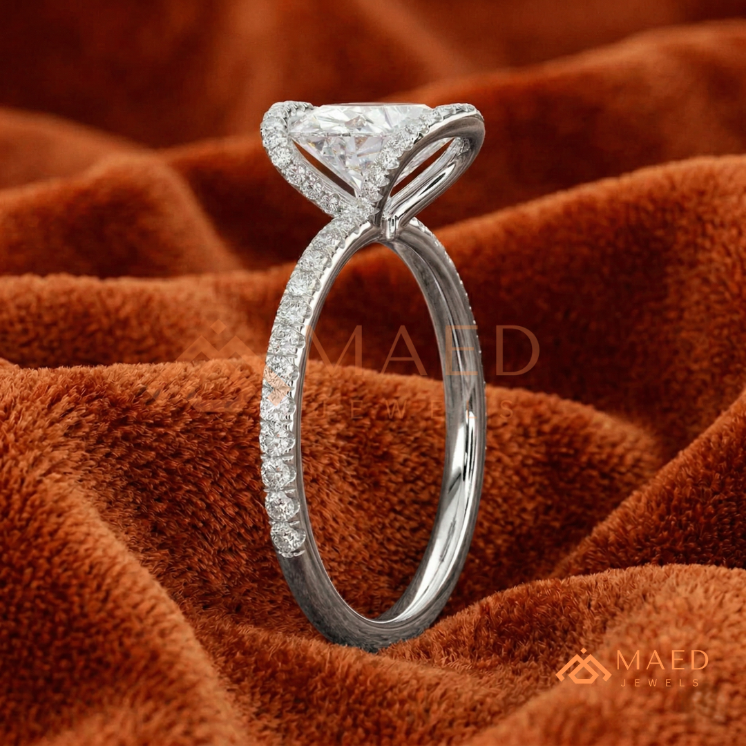 East-West Oval Cut Partial Halo Engagement Ring | 14k Gold, Rose Gold & Sterling Silver Shimmering Accented Band