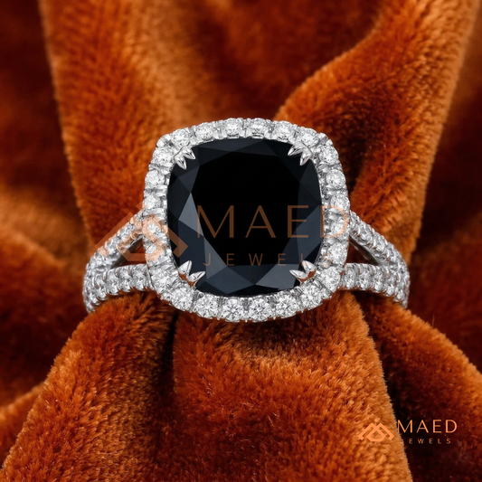 Gothic Luxury Black Spinel Split Shank Ring – Silver, 14K Yellow & Rose Gold