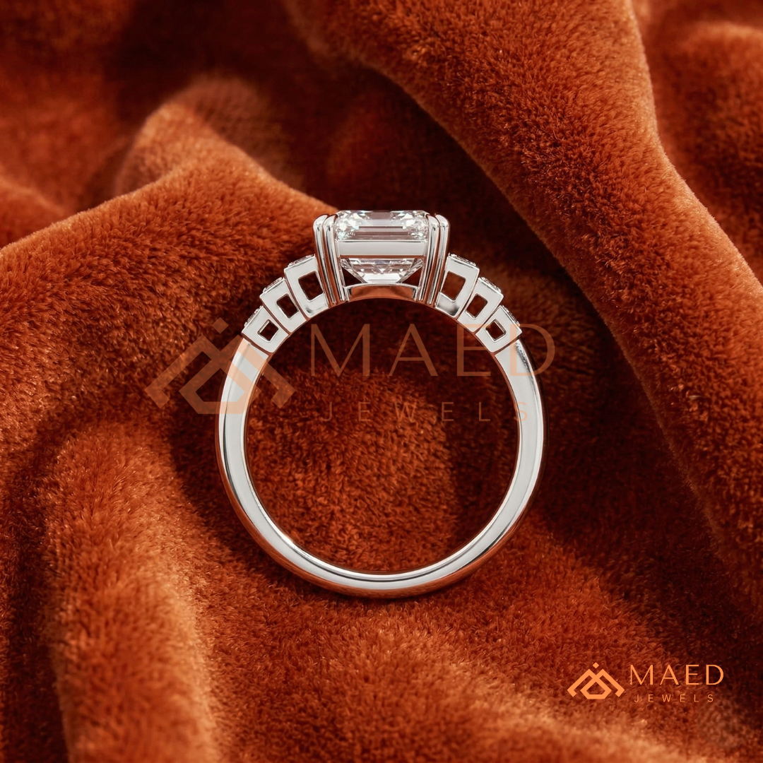Radiant Cut Rectangular Halo Ring with Dome Triple-Row Pavé Band