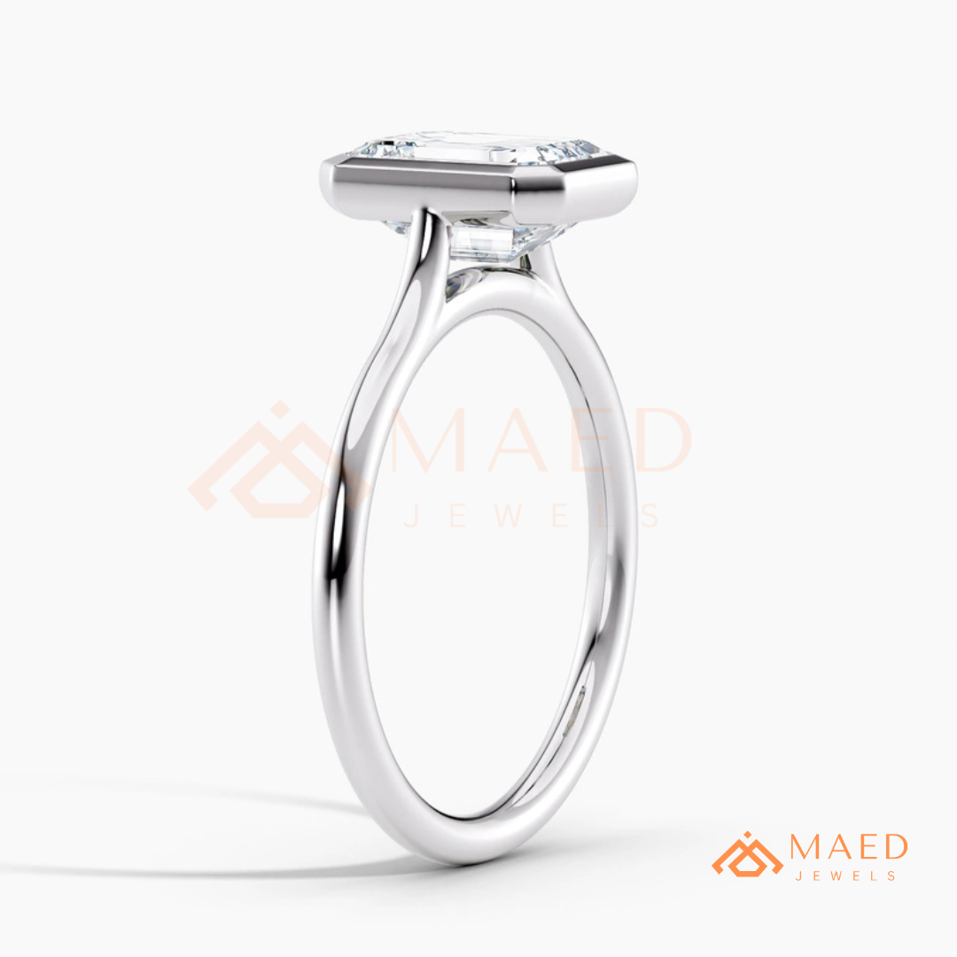 Modern Emerald Cut Solitaire Bezel Engagement Ring in Silver, 14K Gold & Rose Gold