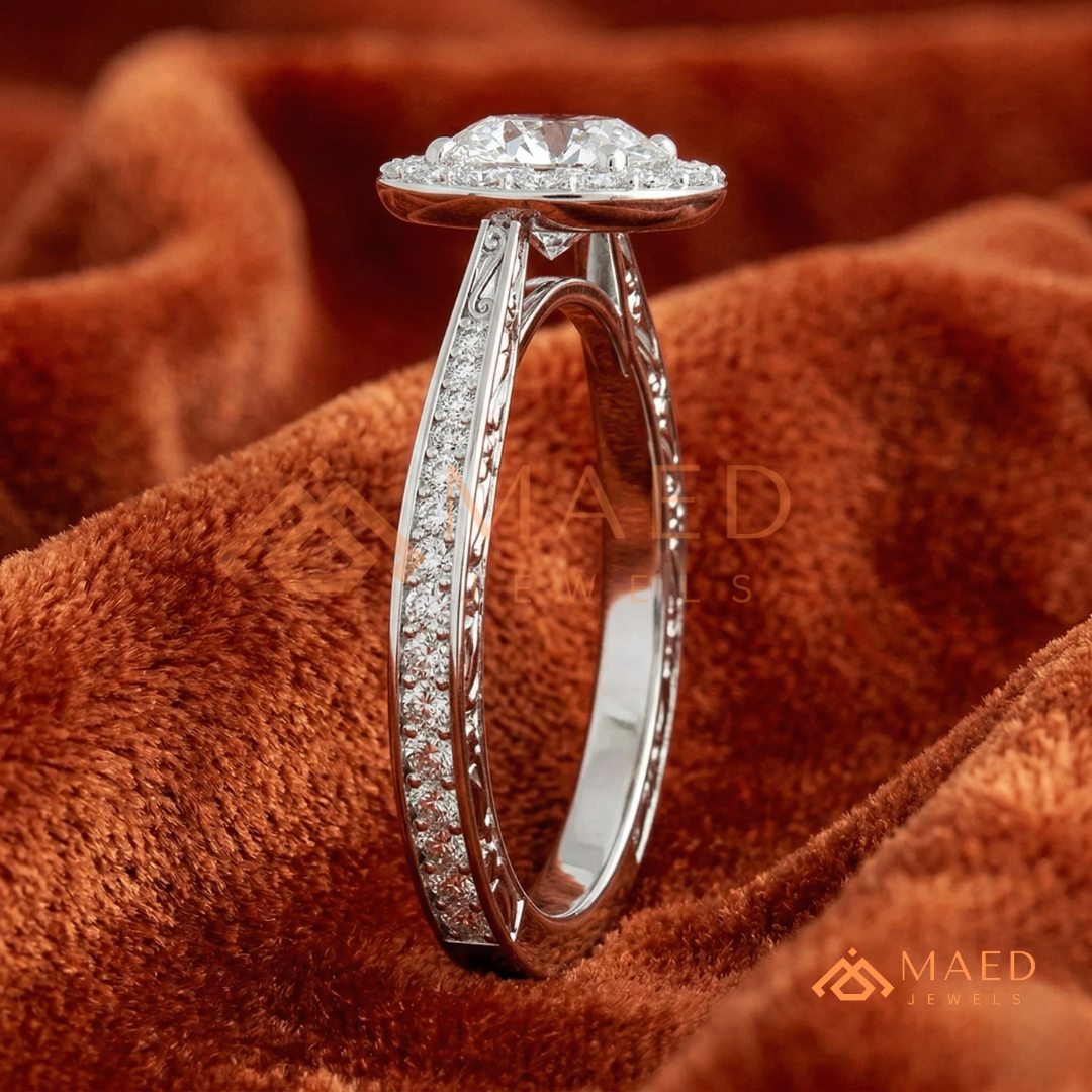 Vintage Milgrain Halo Diamond Simulant Ring in 14K Yellow Gold, Rose Gold & Silver