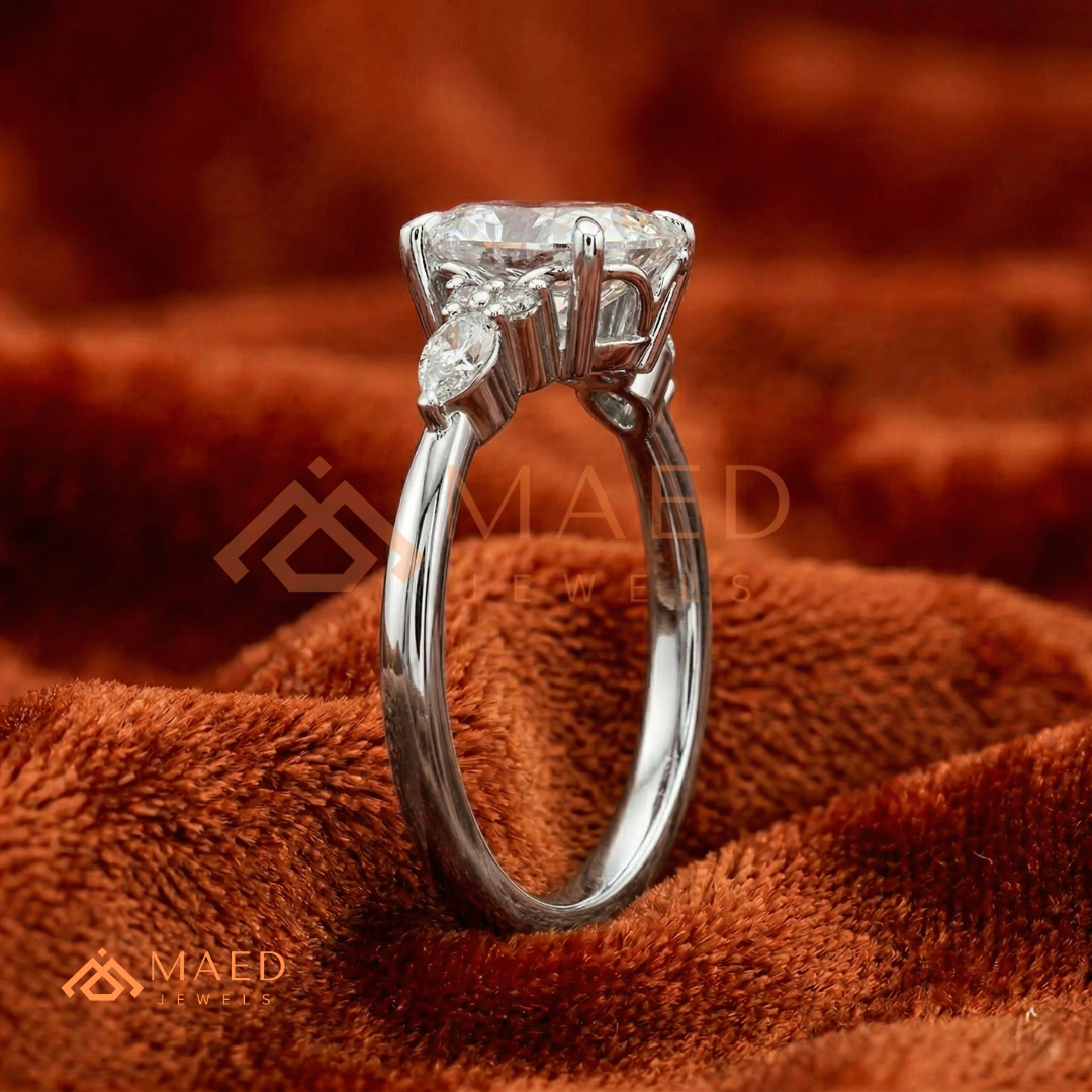 Oval Cut Engagement Ring with Pear and Round Cluster Band in Silver, 14K Gold, & 14K Rose Gold
