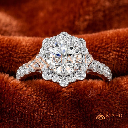 Floral Halo Engagement Ring – Round Brilliant Cut Diamond Ring