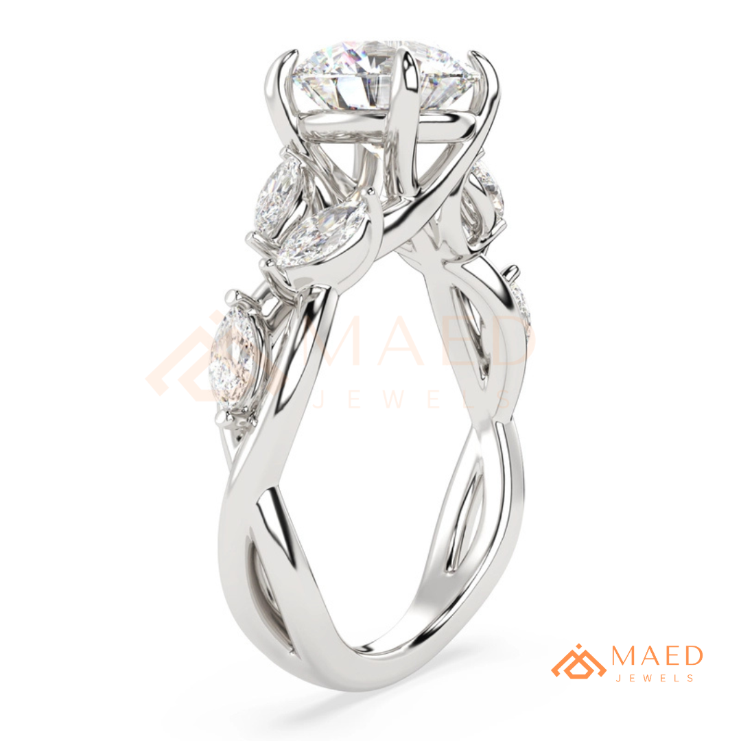 Nature Inspired Round Cut Moissanite Engagement Ring, Marquise Diamond Vine Leaf Wedding Ring in Silver, 14K Gold & Rose Gold