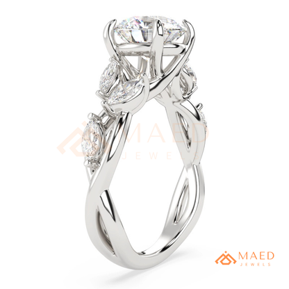 Nature Inspired Round Cut Moissanite Engagement Ring, Marquise Diamond Vine Leaf Wedding Ring in Silver, 14K Gold & Rose Gold