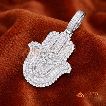 Iced-Out Hamsa Hand Pendant with Star of David & Menorah – Premium Micro-Pave Finish