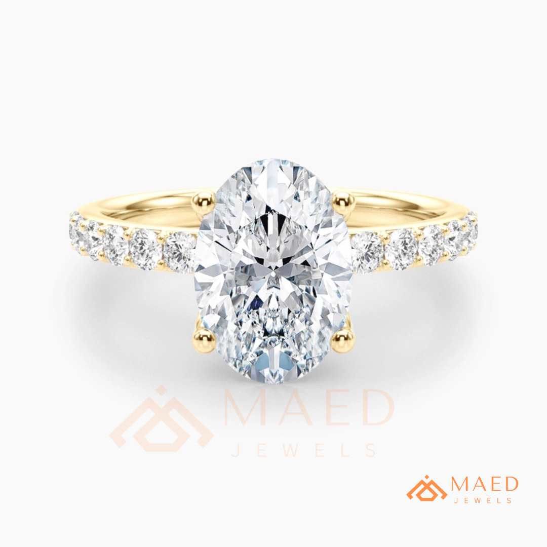 Oval Cut Engagement Ring with Pavé Band | Classic 4-Prong Promise Ring for Women | 14K Gold, Rose Gold & Sterling Silver