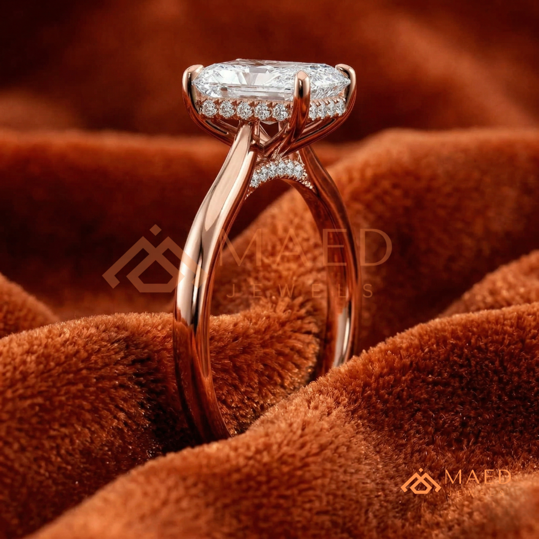 Classic Radiant Cut Solitaire Engagement Ring with Hidden Halo in Silver, 14K Gold & Rose Gold
