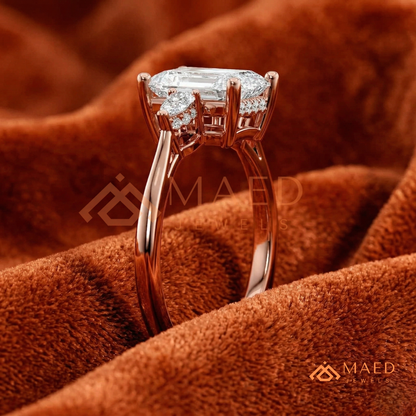 Radiant Cut Engagement Ring with Pear Side Stones | 14k Gold, Rose Gold & Silver
