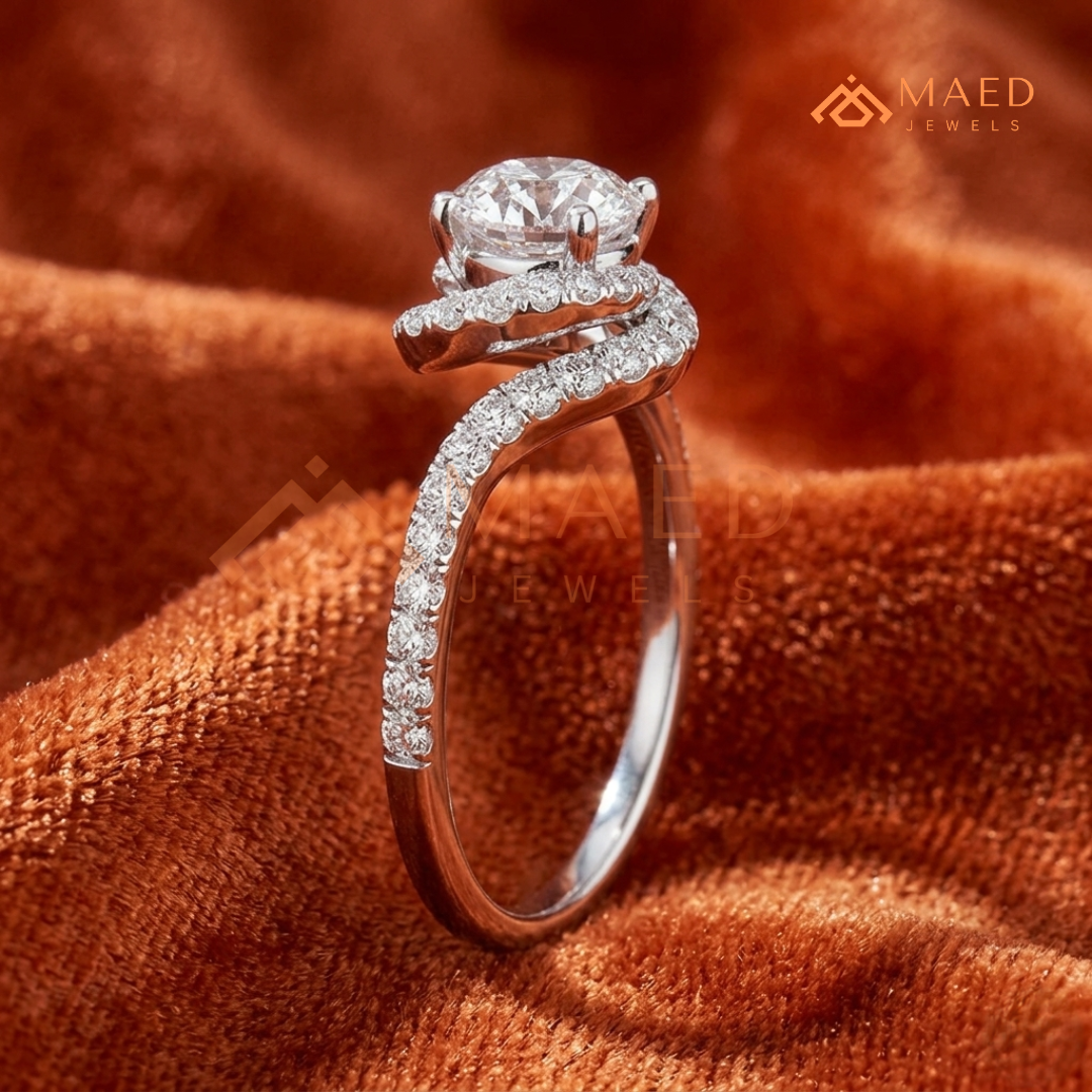 Moissanite Bypass Halo Engagement Ring in 14K Gold, Rose Gold & Sterling Silver | Twisted Pave Diamond Accent Ring for Women