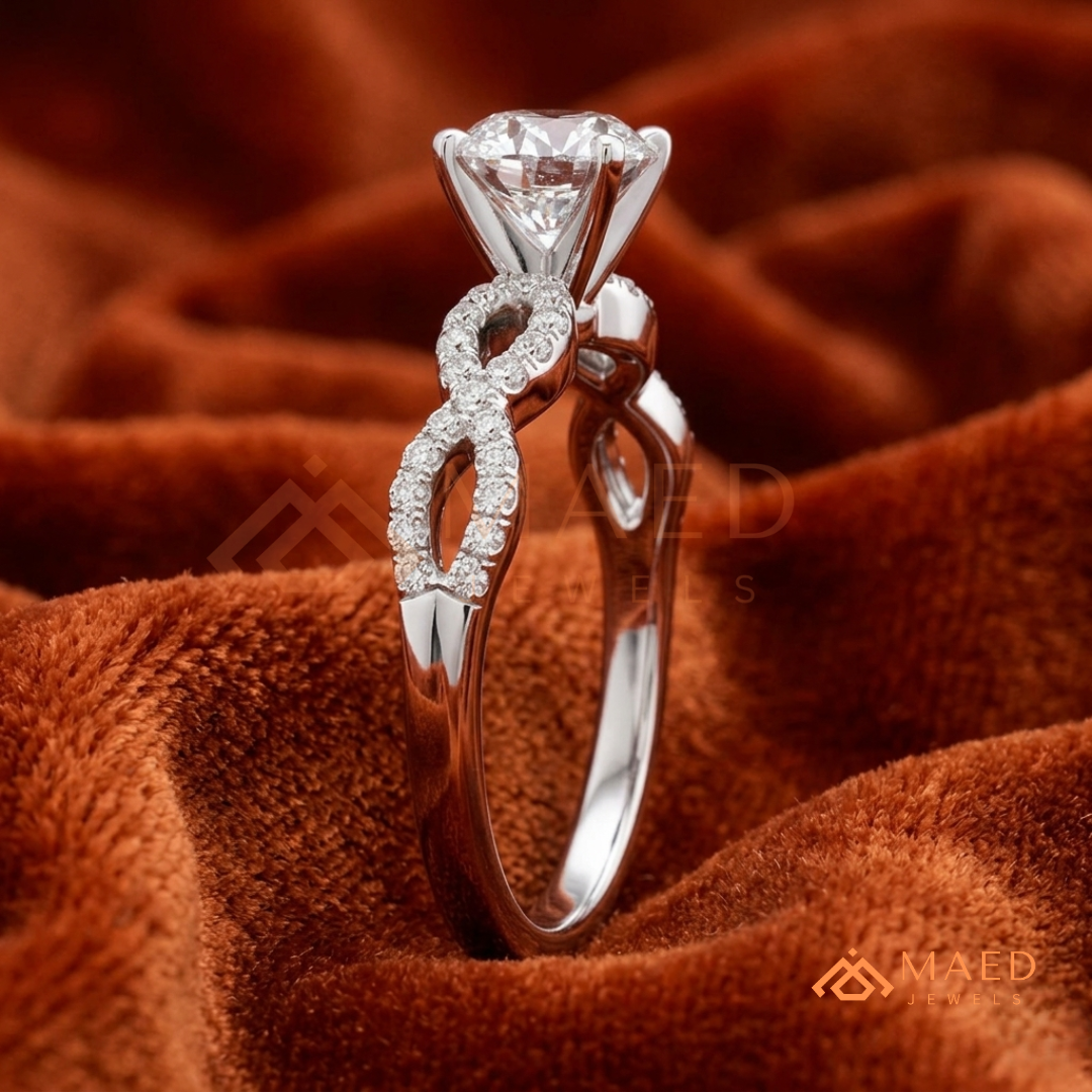 Intertwined Vortex Halo Diamond Simulant Ring in 14K Yellow Gold, Rose Gold & Silver
