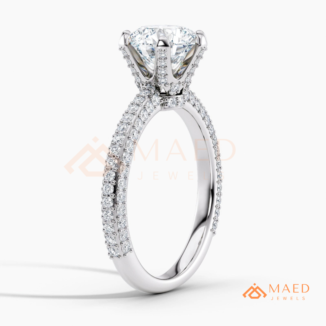 Oval Cut Engagement Ring | Triple Row Micro Pave Band in 14K Gold & Sterling Silver