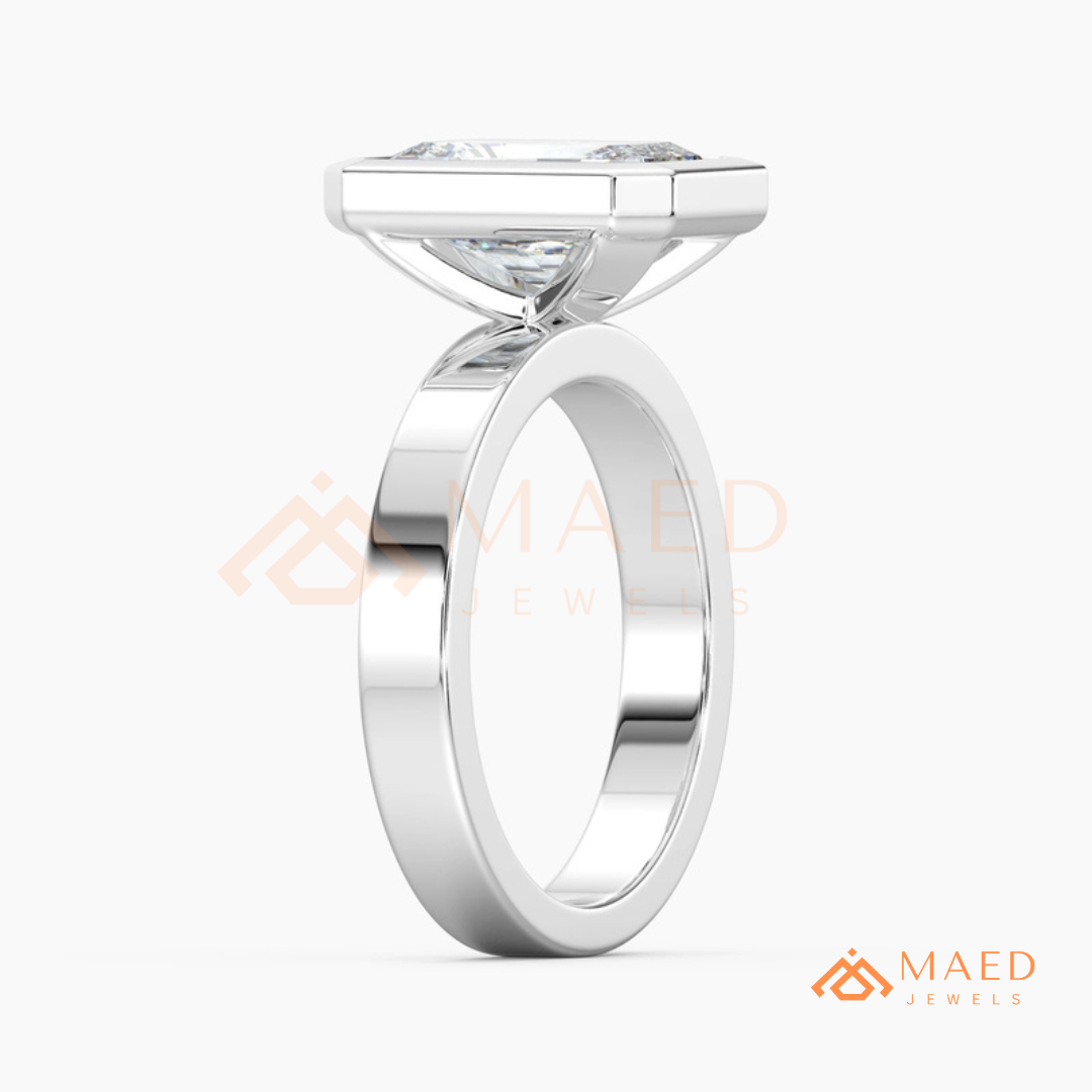 Radiant Cut Bezel Set Engagement Ring with Wide Flat Band in 14K Gold, Rose Gold & Silver