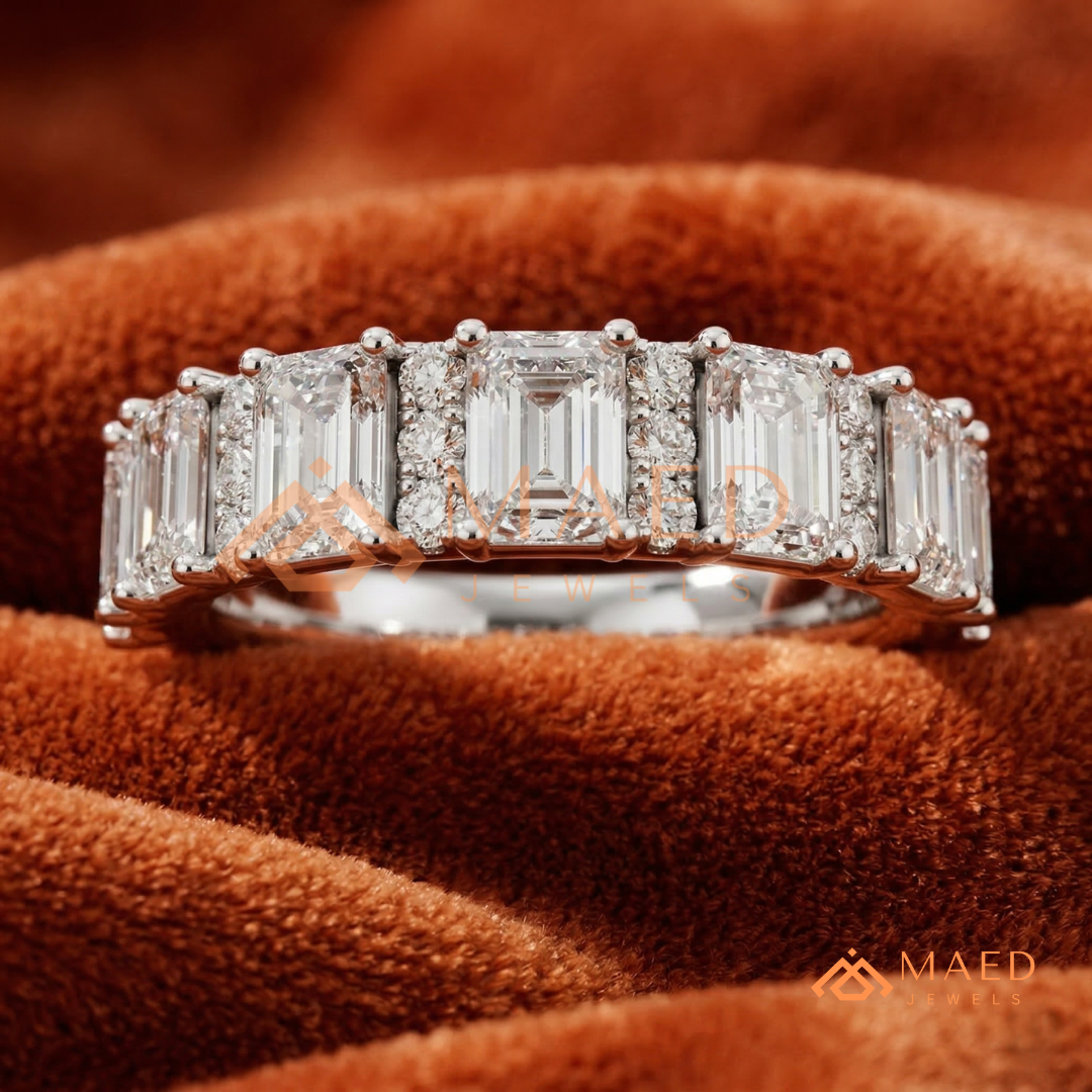 Alternating Emerald and Round Cut Half Eternity Ring – Modern Vintage Wedding Band