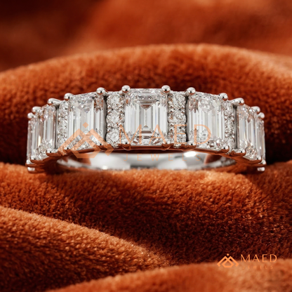 Alternating Emerald and Round Cut Half Eternity Ring – Modern Vintage Wedding Band