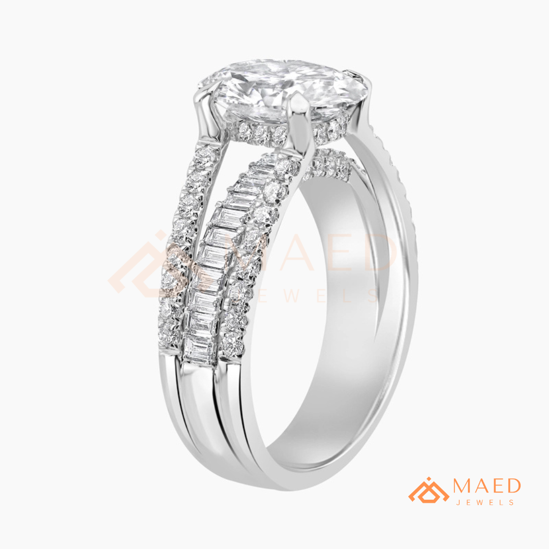 Art Deco Emerald Cut Engagement Ring with Stepped Baguette Side Stones