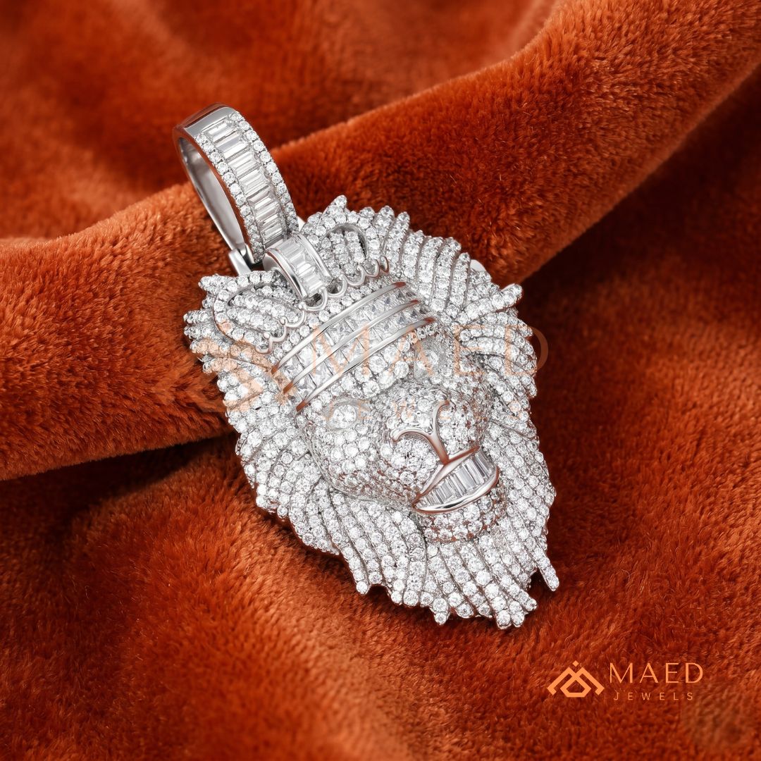Iced Out King Lion Head Pendant – 14K Gold, Rose Gold & Silver Baguette Crown Hip Hop Charm