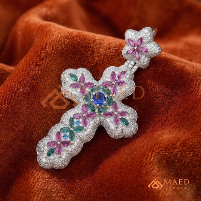Iced Out Baroque Cross Statement Pendant with Pink & Green Stones