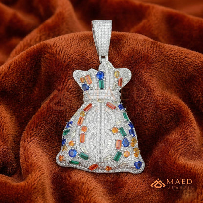 The Billionaire Sack Pendant | Multi-Color Gemstone Iced Dollar Sign Necklace