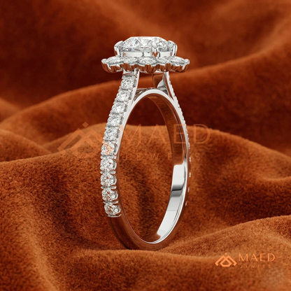 Vintage Starburst Halo Round Cut Engagement Ring with Pave Band in Silver, 14K Gold & Rose Gold