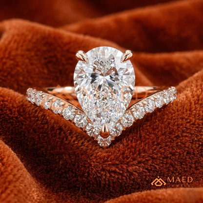 Pear Cut Chevron Engagement Ring with V-Shaped Pavé Band in Silver, 14K Gold, & 14K Rose Gold